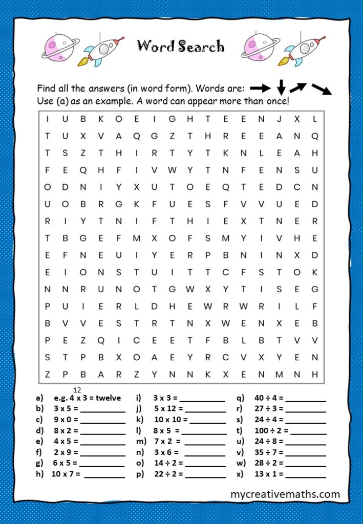 Image of a math word search using multiplication and division to get answers